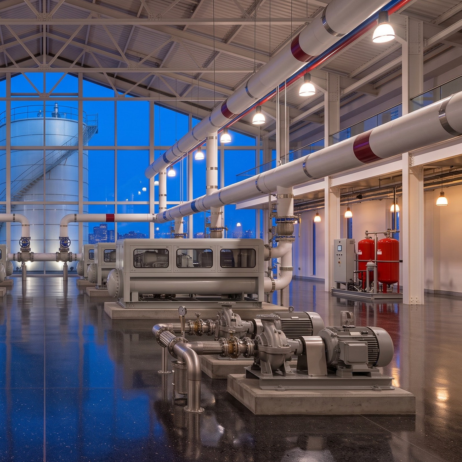 Plant room with pumps and distribution pipework at dusk.
