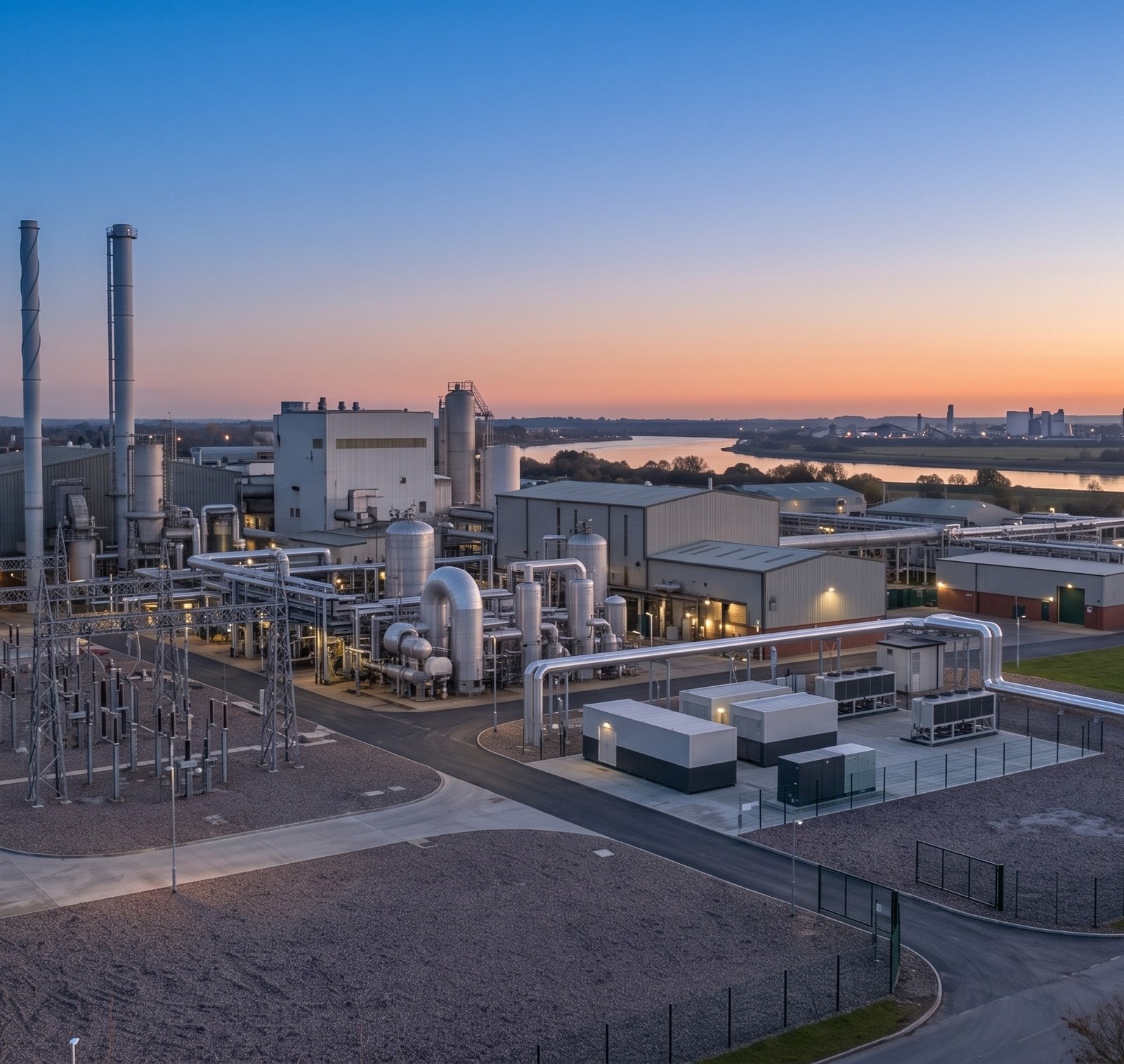 Industrial energy plant beside a river at dusk, with a substation and containerised plant in the foreground.